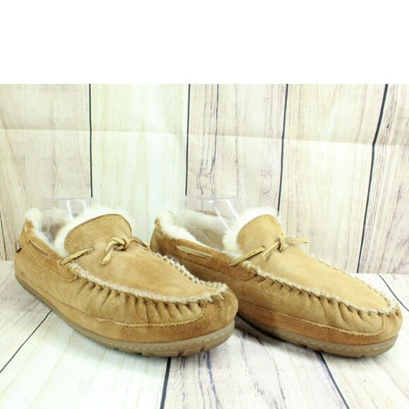 LL Bean Brown Suede Wicked Good Shearling Lined Moccasin Slippers Size 11 M - Picture 2 of 9